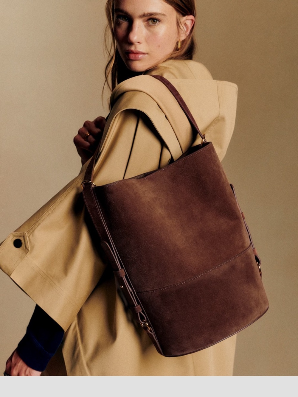Sezane Brown Suede Bucket Shoulder Bag
